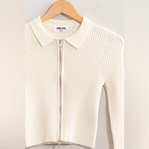 250B-CREAM. Ribbed Double Zip Cardigan Top